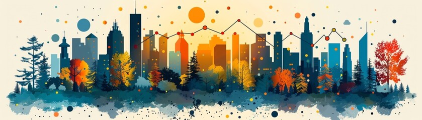 Show a graph with an arrow pointing upwards, indicating progress and success Surround the graph with cityscape elements to emphasize growth and development Add subtle details symbolizing acts of kindn - obrazy, fototapety, plakaty