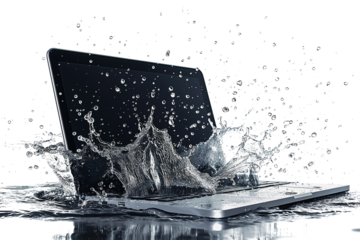 Waterproof laptop with splashes isolated on transparent background
