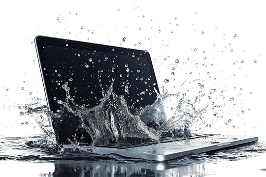 Waterproof laptop with splashes isolated on transparent background