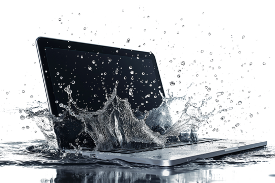 Waterproof laptop with splashes isolated on transparent background