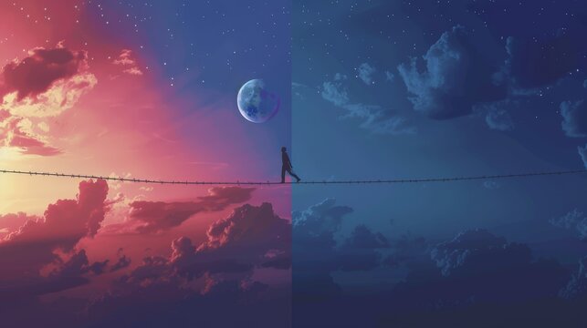 An illustration of balance, featuring a tightrope walker between day and night