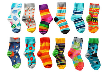 Colourful socks on a transparent background.