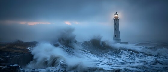 Lighthouse Vigil in the Tempest's Embrace. Concept Photography, Landscapes, Weather, Ocean, Nightfall - obrazy, fototapety, plakaty