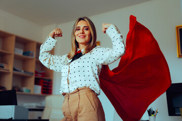 Strong Superhero Manager Feeling Powerful and Invincible. Super heroine businesswoman showing...