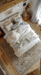Fototapeta na wymiar Overhead view of a monochromatic guest bedroom with elegant furnishings, scandinavian style interior