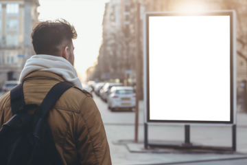 A man in winter clothes walks in the city looking at a billboard mockup