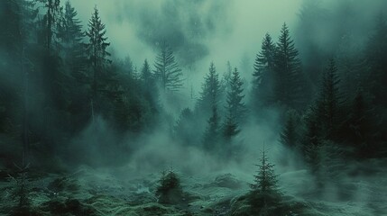 A dense forest shrouded in fog evokes an ethereal and mysterious atmosphere. Fantasy landscape....