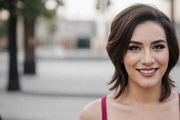 Happy transgender person walking at the park outdoors with copy space.