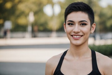 Happy transgender person walking at the park outdoors with copy space.