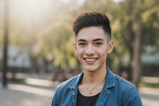 Happy transgender person walking at the park outdoors with copy space.