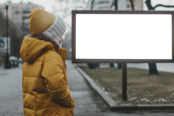 A child looks at a billboard mockup. outdoor advertising, public information board in the street.
