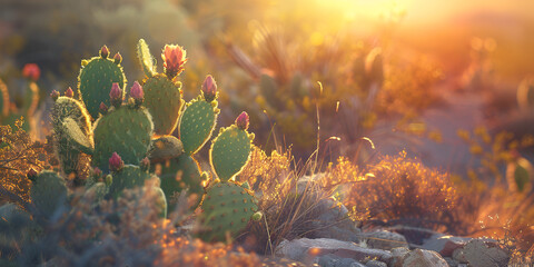 Golden desert sunrise over Texas prickly pear cactus beautiful natural landscape,
 - obrazy, fototapety, plakaty