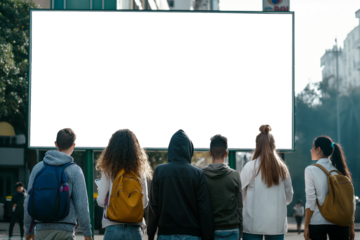 A group of people walking in the city looking at a billboard mockup