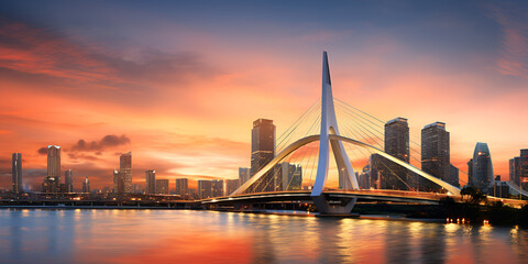 Dubai Creek Harbour, city harbour bridge at sunset, City of the Future during sunset. The sun sets over a futuristic cityscape, Generative AI