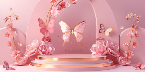 luxury cosmetic stand display.pink podium stand for cosmetic background with roman and floral design decorate.