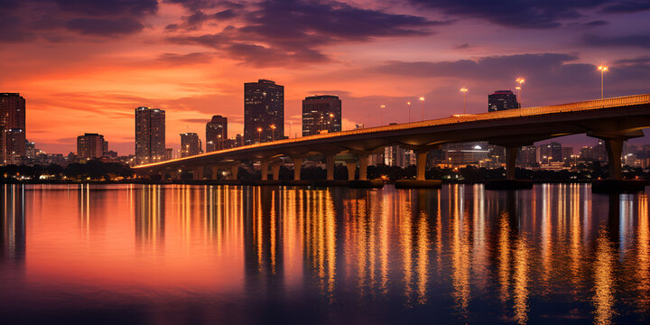Blue Heron Bridge ,sunset over the river, Sunset At Twilight In Miami Background, Generative AI