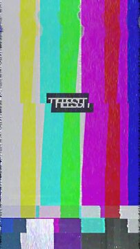 Retro TV Test Pattern Color Bars And Warning Text Test - Vintage Television Test Card Transmission - No Signal Broadcast With Glitch Distortion Noise Static Bad Interference Effects - Vertical Video