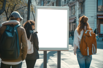 A group of young people walking in the city and looking at a blank billboard