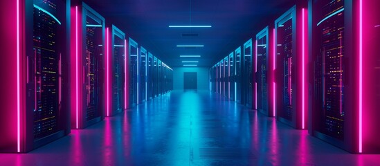 Dimly lit long corridor featuring multiple server units aligned in rows with bright neon lights casting a futuristic glow - obrazy, fototapety, plakaty