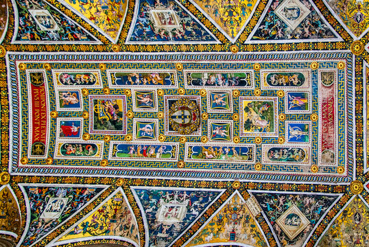 Siena, Italy - May 15 2013: The painted Ceiling of Baptistery of San Giovanni