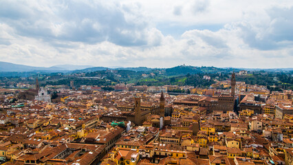 Florence, Italy - May 15 2013: The panorama view of Florence from the top of the Cathedral of Santa Maria del Fiore - obrazy, fototapety, plakaty