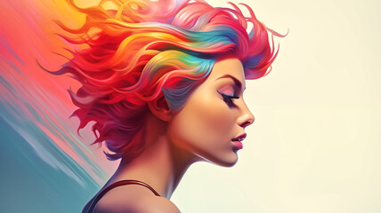 A beautiful digital art piece capturing a woman in profile with her hair flowing in a spectrum of rainbow colors.

