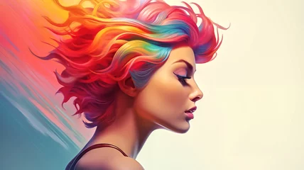 Fotobehang A beautiful digital art piece capturing a woman in profile with her hair flowing in a spectrum of rainbow colors.  © Mala