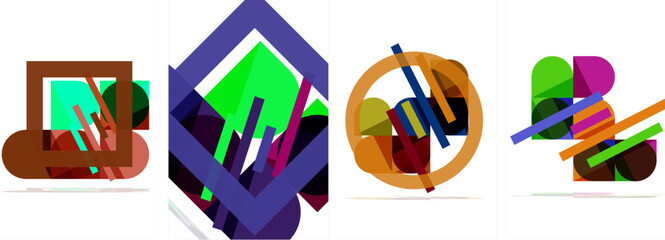 A vibrant collection of colorful icons including rectangles, triangles, and patterns in electric blue, magenta, and violet shades. The art pieces resemble a logo or painting