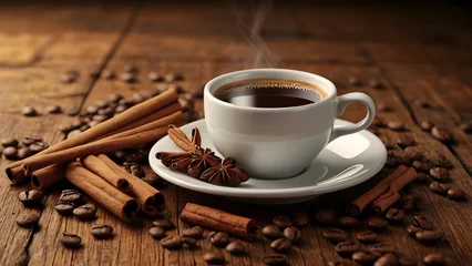  White cup of hot coffee with cinnamon on saucer and beans on wooden table realistic © Hataf