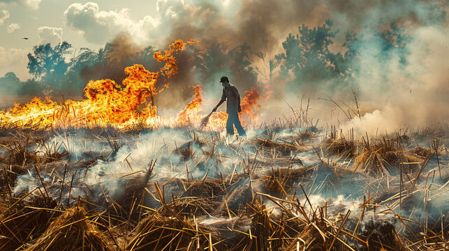 Stubble burning in the dry paddy field.