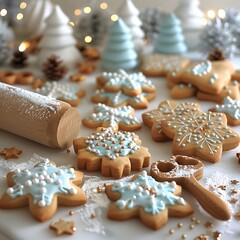 clipart of holiday baking supplies, such as cookie cutters, rolling pins, and festive cookie decorations, alongside freshly baked cookies adorned with icing and sprinkles