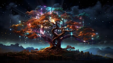 Enchanted Bioluminescent Tree Nightfall Cityscape Fantasy Art