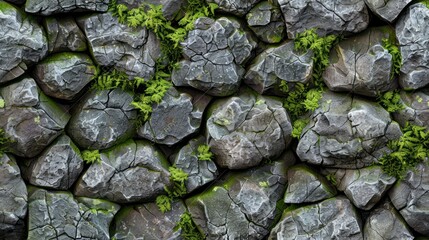 gray stones covered with moss seamless pattern. endless background of brick wall, rocks or cobblestones with grass. mossy masonry wall or floor in cave, dungeon. tile