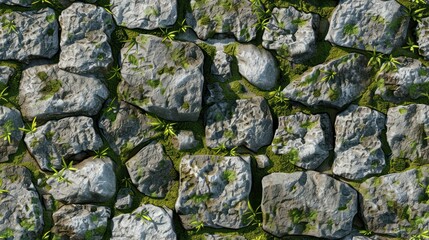 gray stones covered with moss seamless pattern. endless background of brick wall, rocks or cobblestones with grass. mossy masonry wall or floor in cave, dungeon. tile