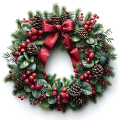 Fototapeta na wymiar clipart depicting a festive Christmas wreath adorned with realistic pine cones, bright red berries, and a classic red bow, arranged in a circular shape against a white background
