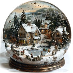 clipart depicting a delightful snow globe village scene, with tiny cottages, a sparkling skating pond, and villagers engaging in winter festivities, all enclosed within a snow globe - obrazy, fototapety, plakaty