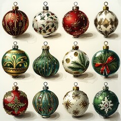 clipart depicting a selection of vintage-inspired Christmas ornaments, featuring ornate designs, intricate details, and traditional holiday colors like red, green, and gold