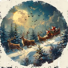 Fotobehang clipart of Santa’s sleigh and reindeer flying across a moonlit winter landscape, with snow-covered trees below, all rendered in vivid detail against a white background to capture the timeless magic © LuvTK