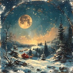 clipart of Santa’s sleigh and reindeer flying across a moonlit winter landscape, with snow-covered trees below, all rendered in vivid detail against a white background to capture the timeless magic
