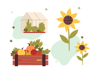  Set farming illustration.  Eat local. Mini home gardening. Farmers market concept. Vector hand drawn flat doodle cartoon illustration.