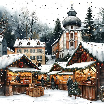 clipart of a lively Christmas market scene against a white backdrop, depicting a charming array of stalls offering holiday delights such as roasted chestnuts, mulled wine, and handmade crafts