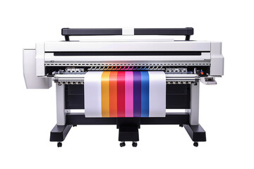 Modern large format printer machine with colour samples isolated on transparent background.