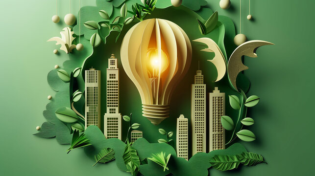 Renewable Energy Vision: Paper Cut Light Bulb Illuminating Nature Future City