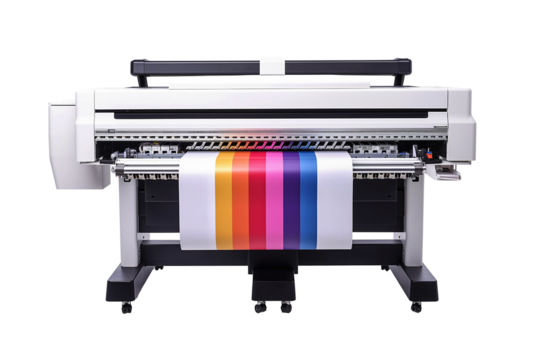 Modern large format printer machine with colour samples isolated on transparent background.