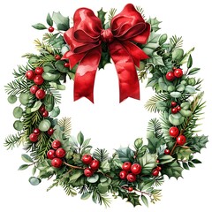 Fototapeta na wymiar clipart of a traditional Christmas wreath featuring rich green foliage, glossy red berries, and a big velvet bow, arranged on a white background to create a classic and timeless holiday decoration.