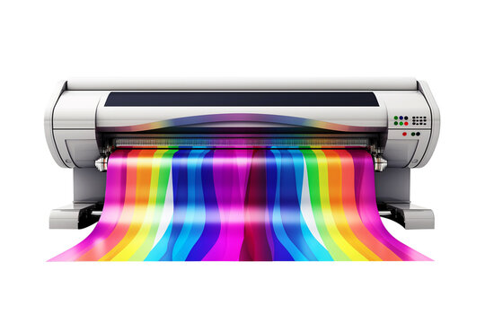 Modern large format printer machine with colour samples isolated on transparent background.