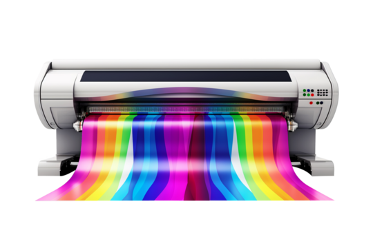 Modern large format printer machine with colour samples isolated on transparent background.