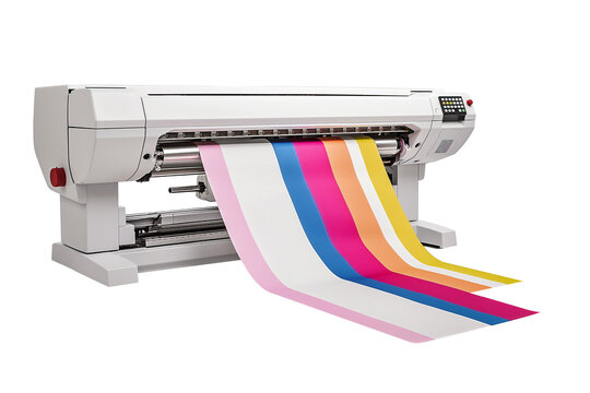 Modern large format printer machine with colour samples isolated on transparent background.