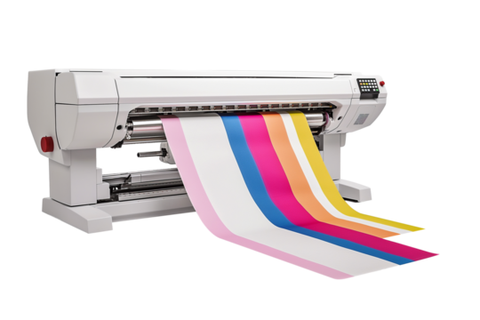 Modern large format printer machine with colour samples isolated on transparent background.