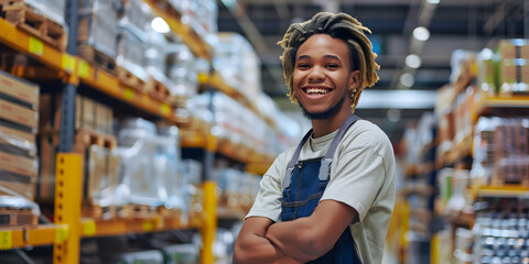 Smiling Warehouse Employee Posing for Success